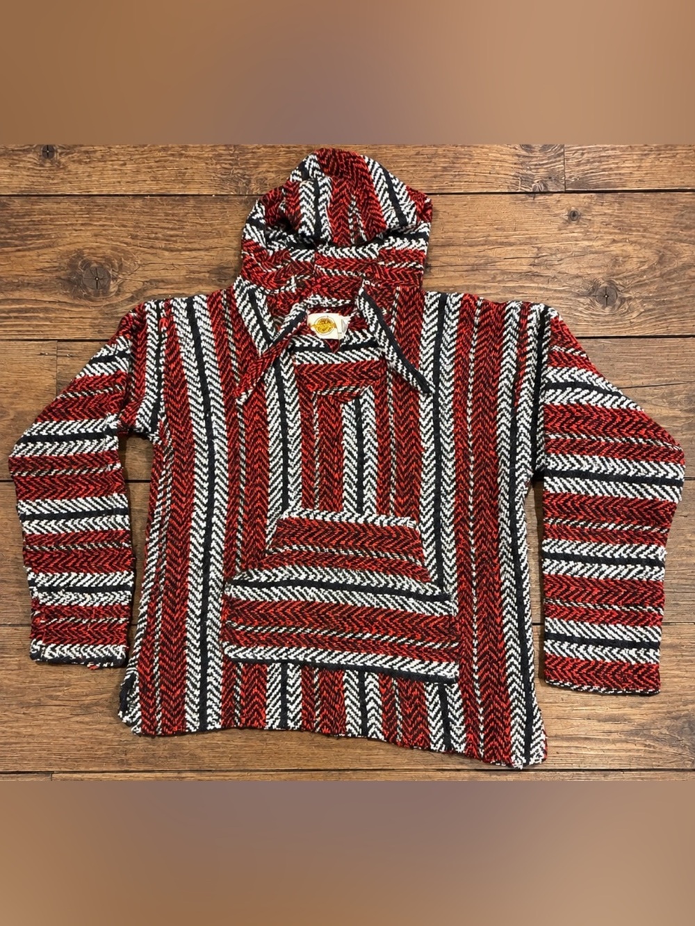 Earth Ragz Unisex Large Baja Hoodie Red Black Cream Woven Pullover Kangaroo